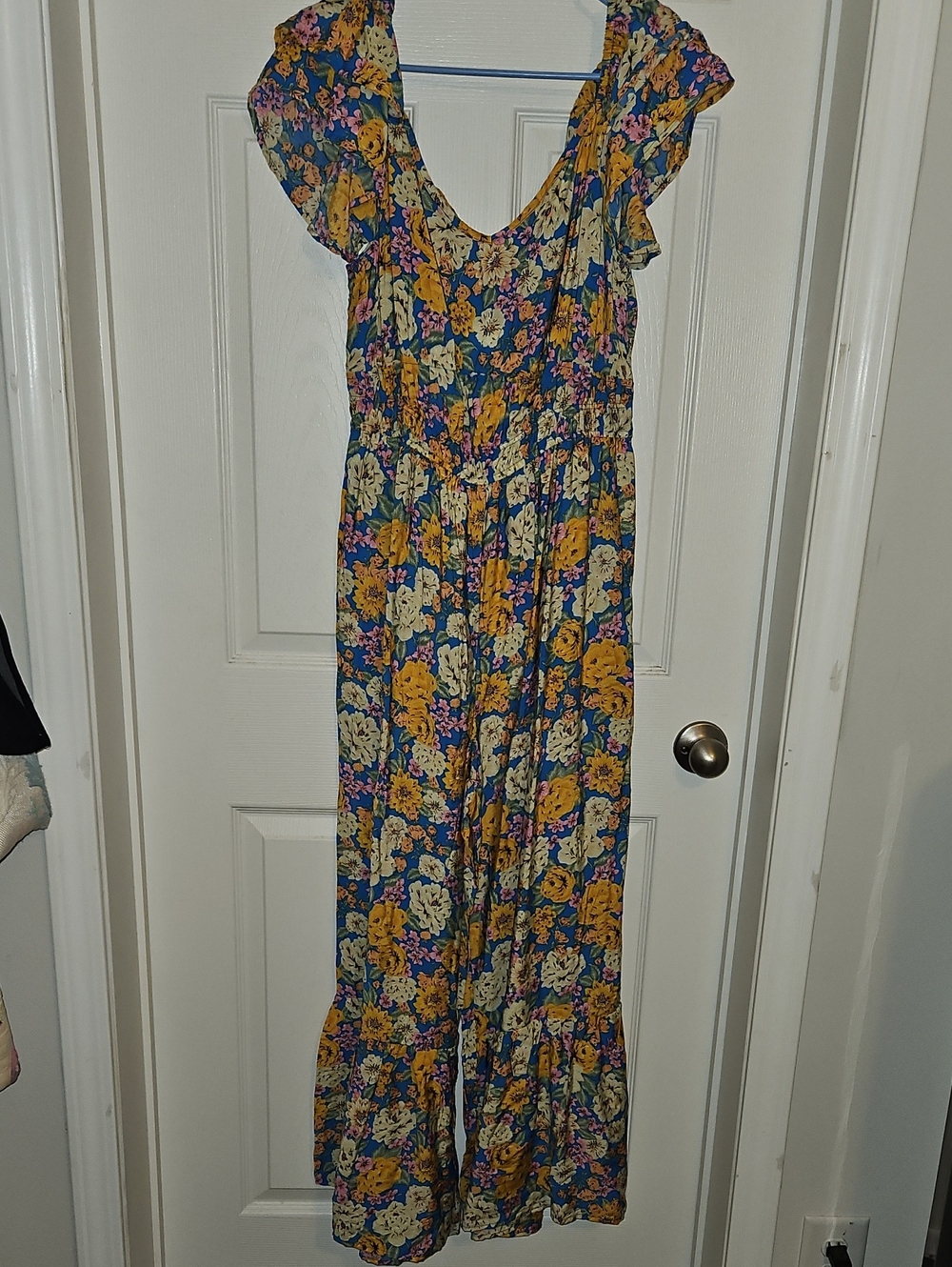 Floral Ruffled Sleeve Maxi Jumpsuit - Blue & Yellow Floral